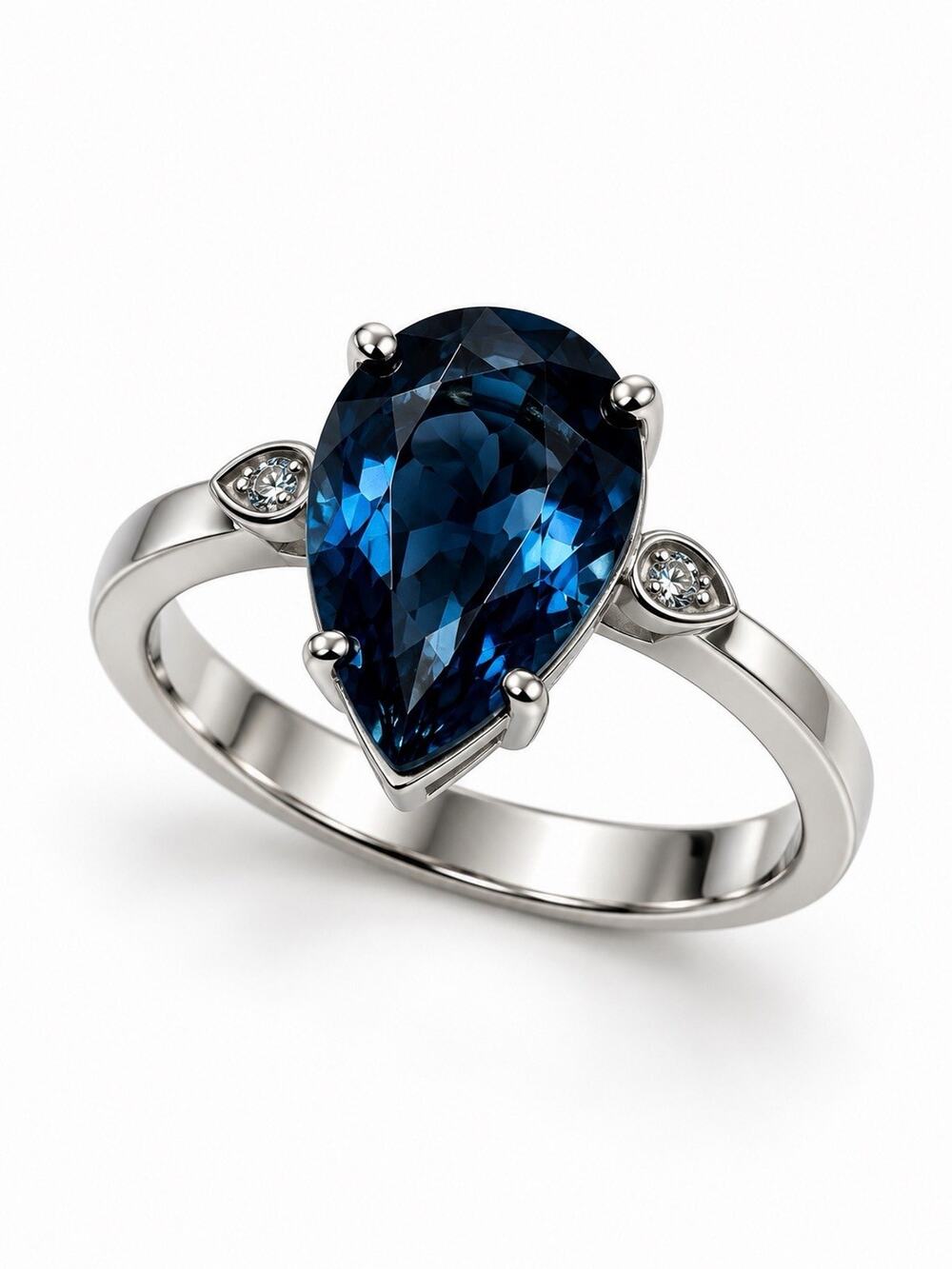 925 Sterling Silver London Blue Topaz Pear Cut with Diamond Accent Ring Size 7